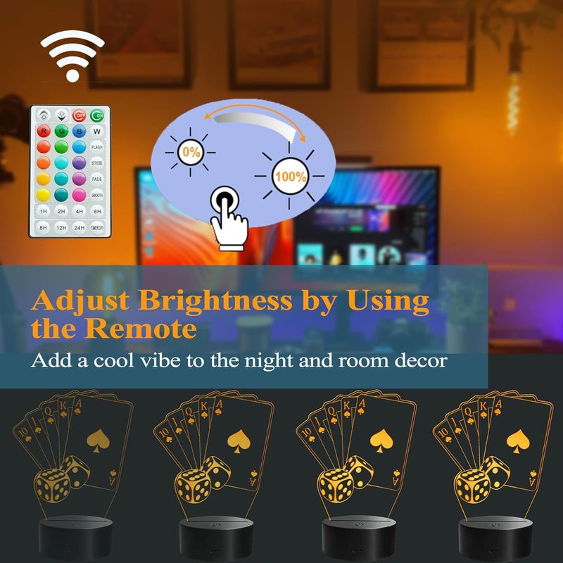 Posshe Poker Night Light, 3D Illusion Lamp with 16 Colors Changing, Timer, 4 Flash Modes and Dimmable, Poker Cards Decor Playing Cards Dice for Casino Decorations, Man Cave Lights Poker Accessories - Image 3